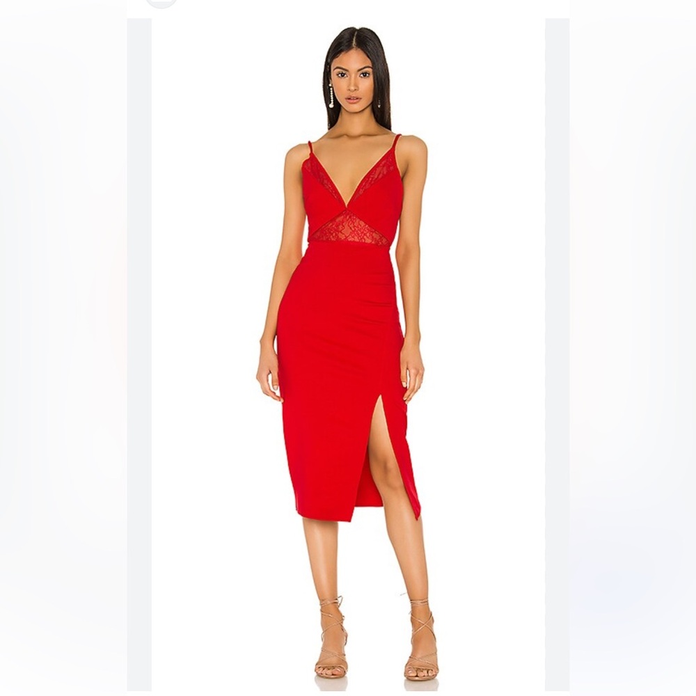 Lovers + Friends Avie Midi Dress Red Lace Cutout Slit NWT